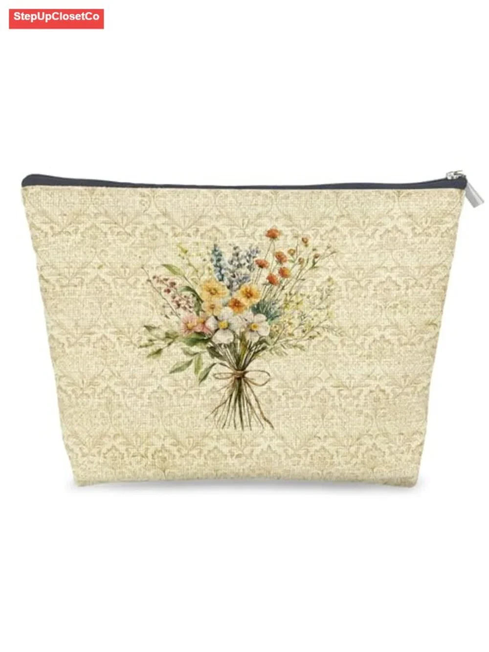 Vintage Floral Linen Makeup Bag with Zipper Pouch Cosmetic Travel Accessory
